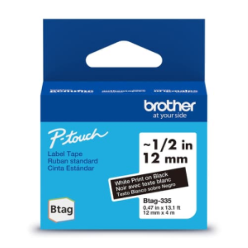 Brother Genuine BTAG335 Non-Laminated Tape for P-touch Label Makers, White on Black – 12 mm wide x 4 m long