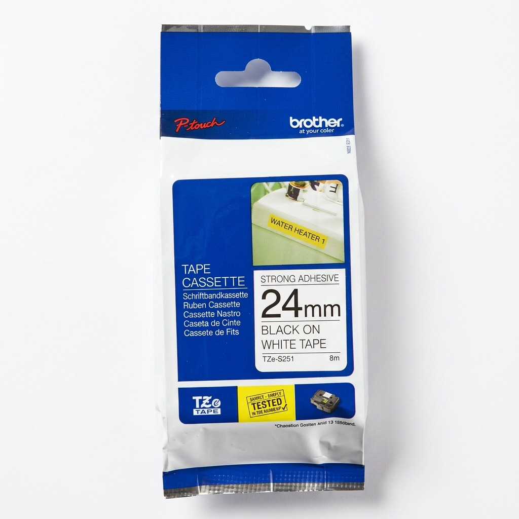Brother Genuine TZe-S251 Black on White Extra Strength Adhesive Tape for P-touch Label Makers, 24 mm wide x 8 m long