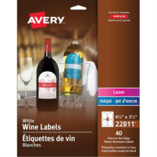 Avery Laser/Inkjet White Arched Wine Bottle Labels, 4¾" x 3½", Permanent, 10 sheets/envelope, 40 labels/envelope