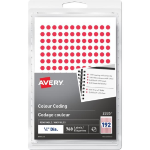 Avery Hand-write Colour Coding Labels ¼" Round, Removable, Red, 768/pack