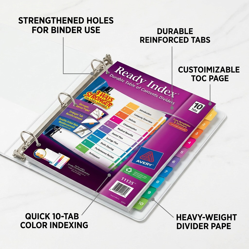 Avery 11135 Ready Index 10-tab dividers featured in a binder highlighting durable reinforced tabs.