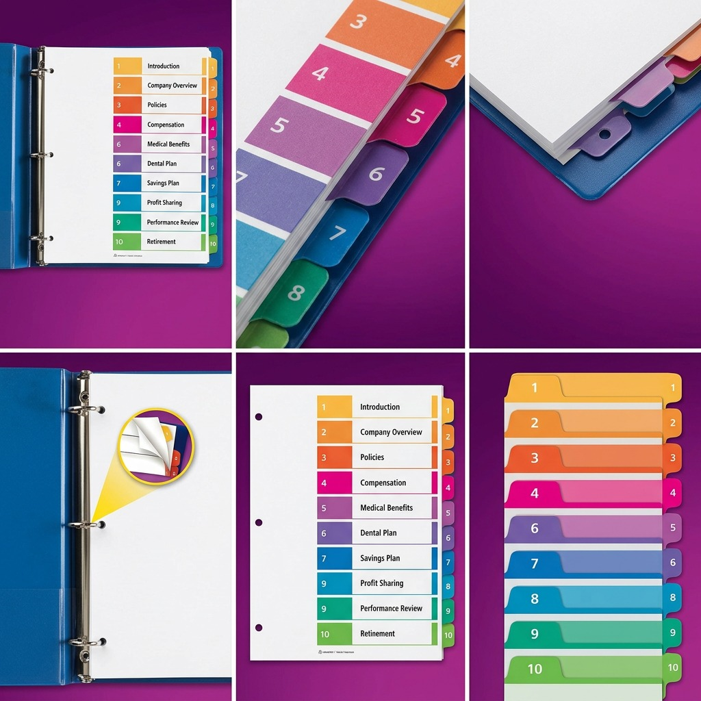 Avery Ready Index dividers featuring numbered tabs 1-10 in a multi-angle configuration matrix.