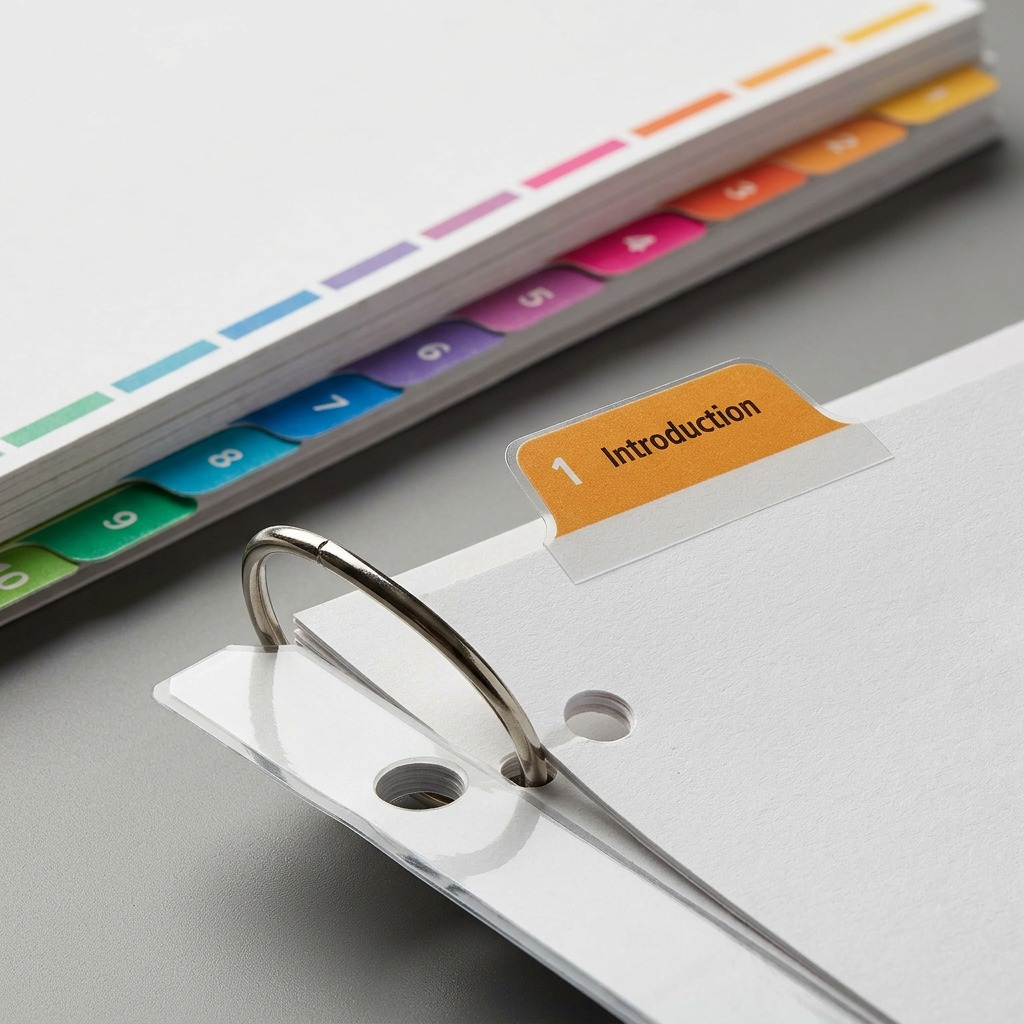 Macro detail of Avery 11135 Ready Index dividers showing reinforced 3-hole punch and numbered tabs.