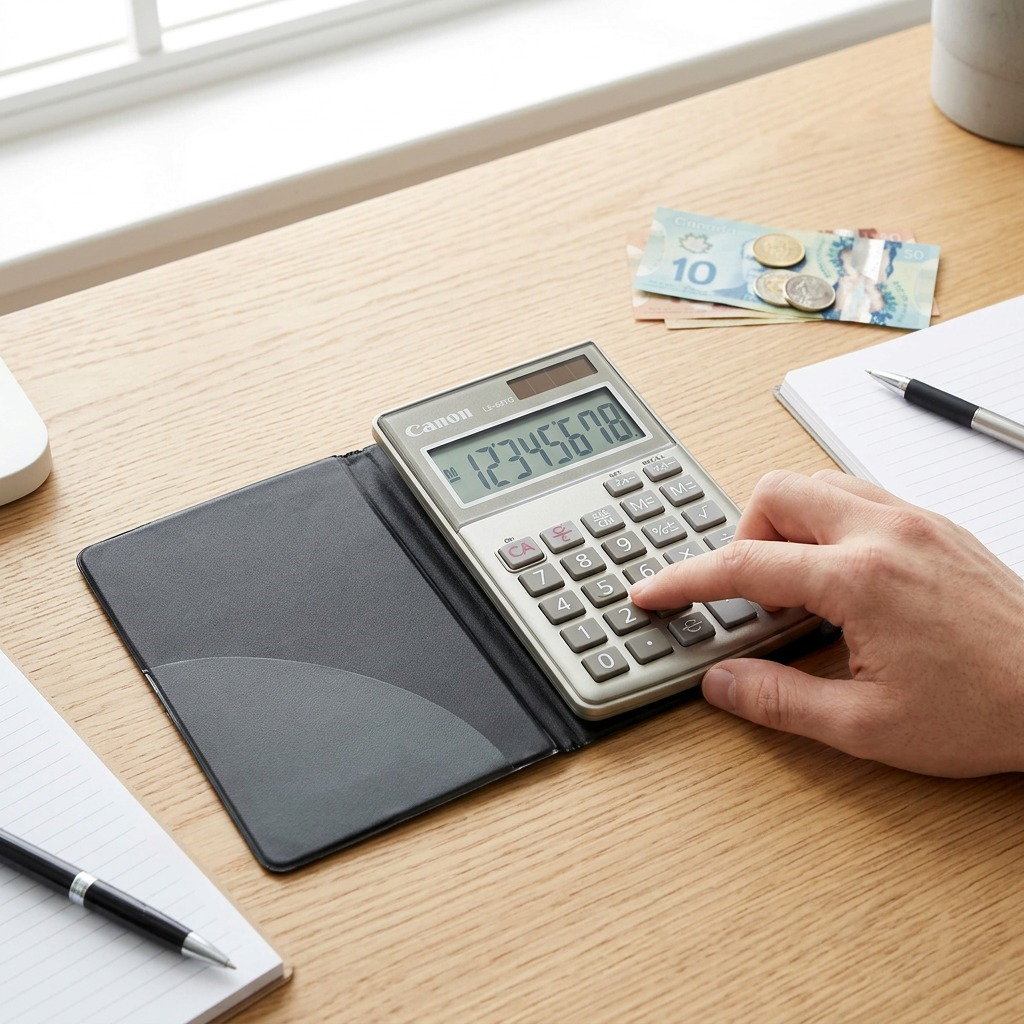 A person uses a silver Canon LS-63TG 8-digit handheld calculator on a light wood desk with a notebook.