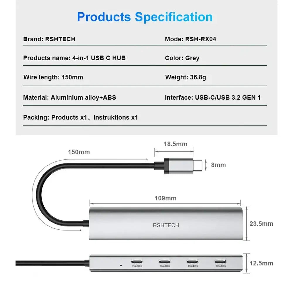 RSHTECH 4-in-1 USB-C to USB-C 3.2 Hub 10Gbps
