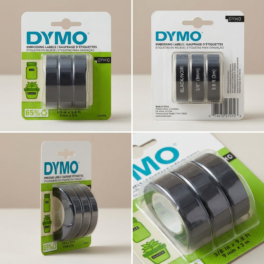 Dymo Self-Adhesive Embossing Labels - White on Black, 3/8" x 9.8', 3 Pack