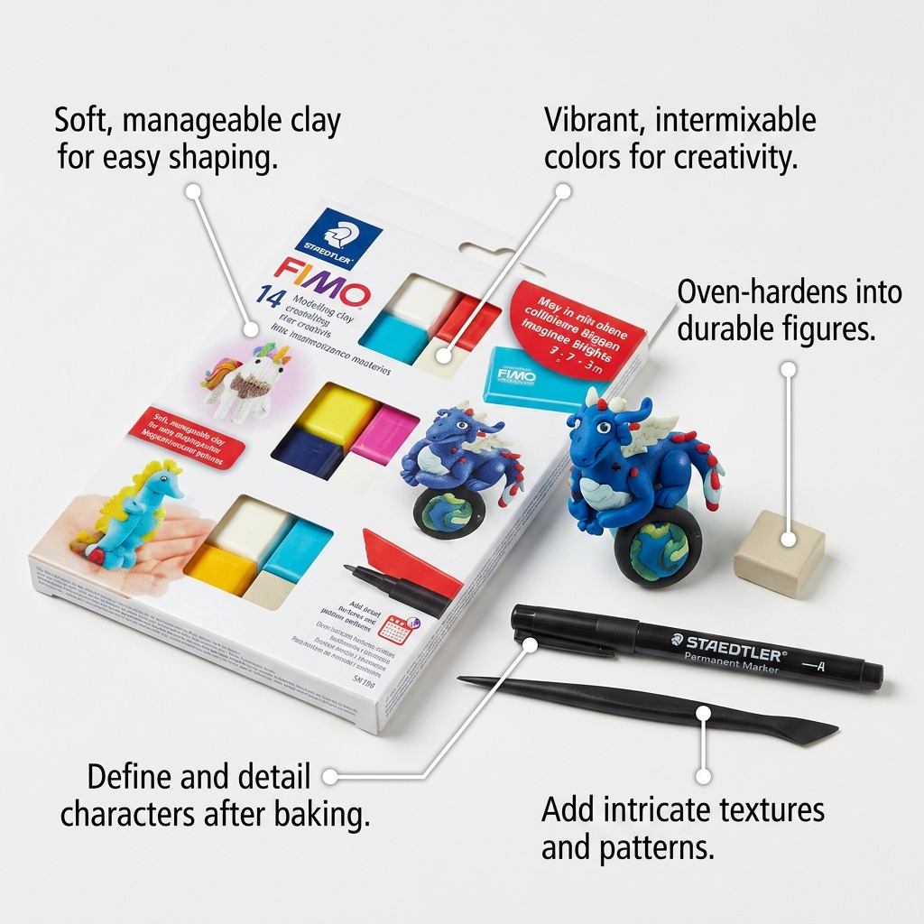 Staedtler Set Modelling Clay Fimo Soft Magical Creatures 12 Color Pack, 1 Permanent Marker, 1 Modelling Tool