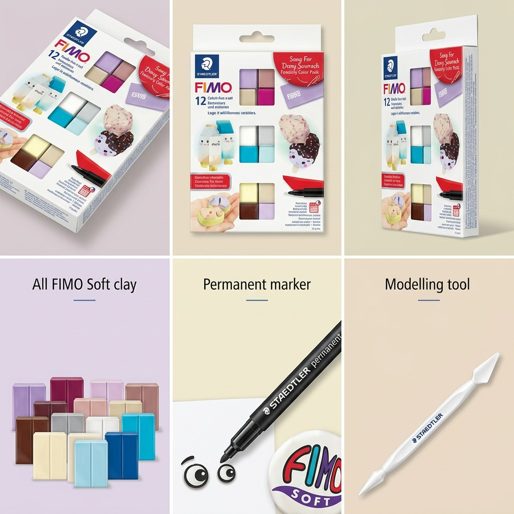 Staedtler Set Modelling Clay Fimo Soft Foodie Fun 12 Color Pack, 1 Permanent Marker, 1 Modelling Tool