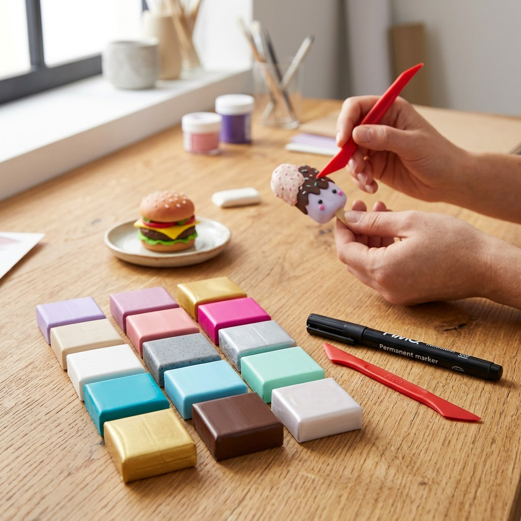 Staedtler Set Modelling Clay Fimo Soft Foodie Fun 12 Color Pack, 1 Permanent Marker, 1 Modelling Tool