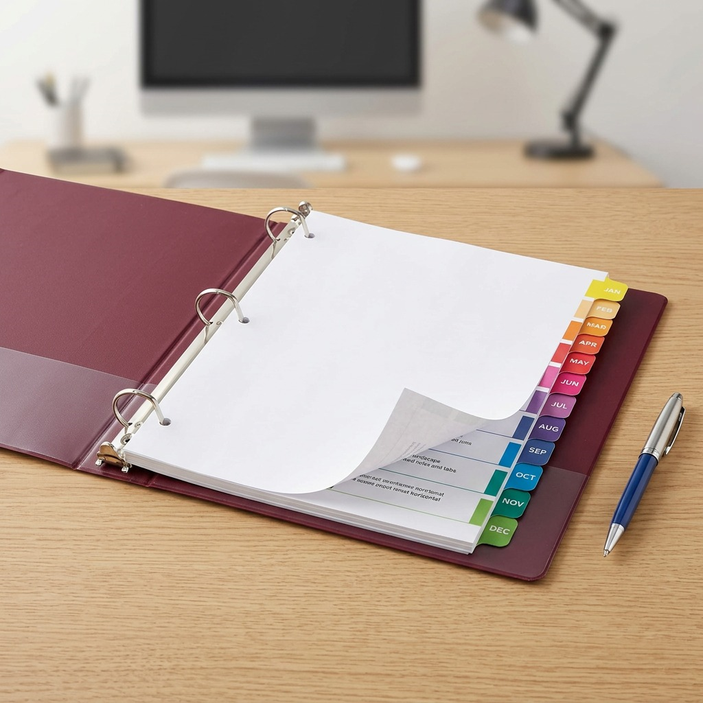 Avery 11127 Jan-Dec dividers with multi-colored tabs organized in a binder on an office desk.