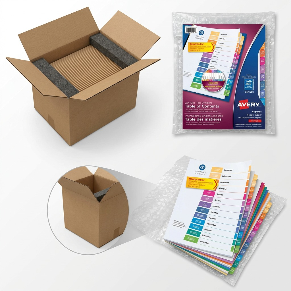 Avery 11127 Jan-Dec dividers securely packed in a cardboard shipping box with protective inserts.
