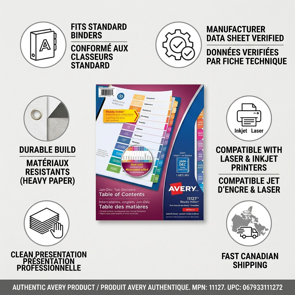 Avery 11127 Jan-Dec dividers infographic highlighting durable build, printer compatibility, and fast shipping.