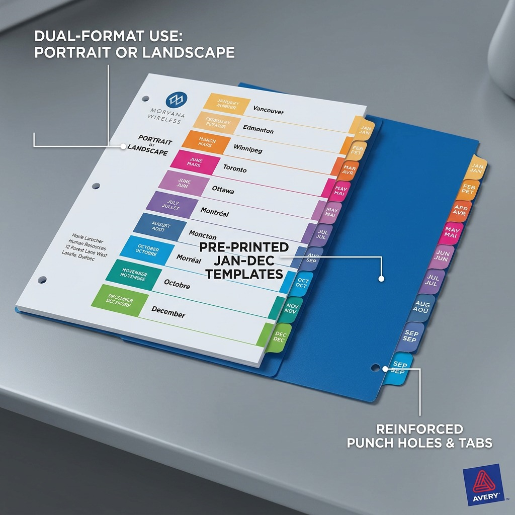 Avery 11127 Jan-Dec dividers showing pre-printed monthly templates and reinforced punch holes.