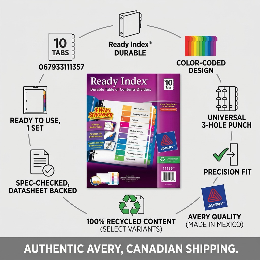 Avery 11135 Ready Index 10-tab dividers infographic highlighting 3-hole punch and recycled content.
