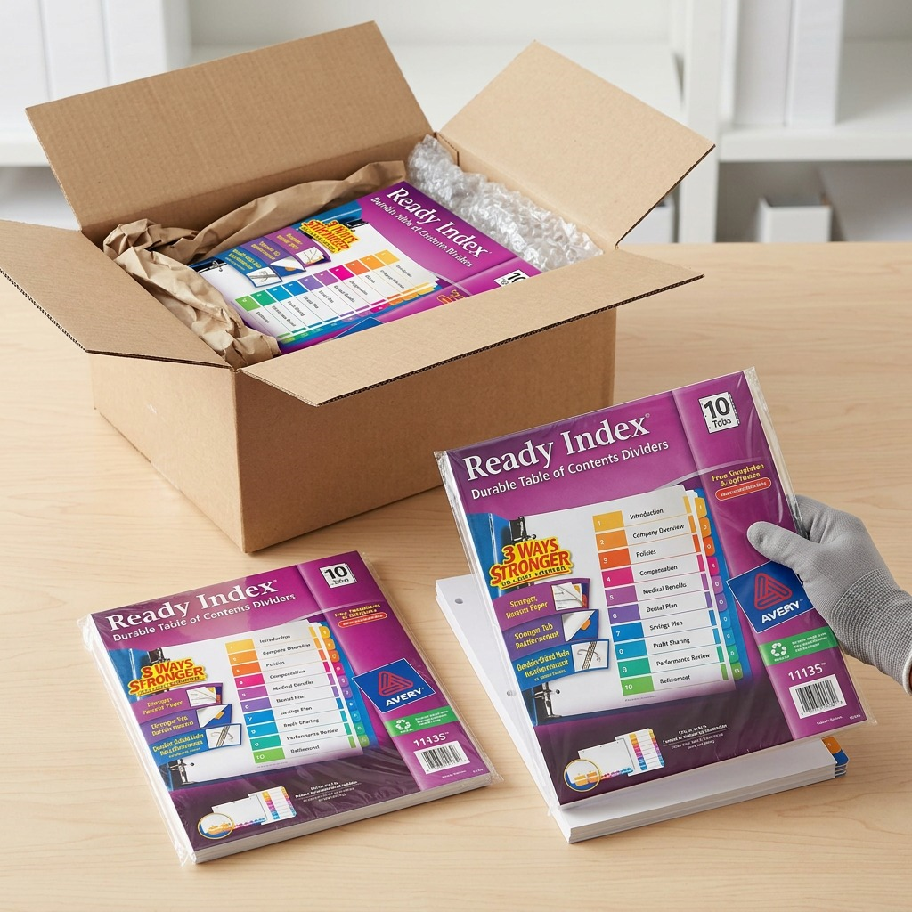 Avery Ready Index 10-tab dividers being unpacked from a shipping box with protective bubble wrap.