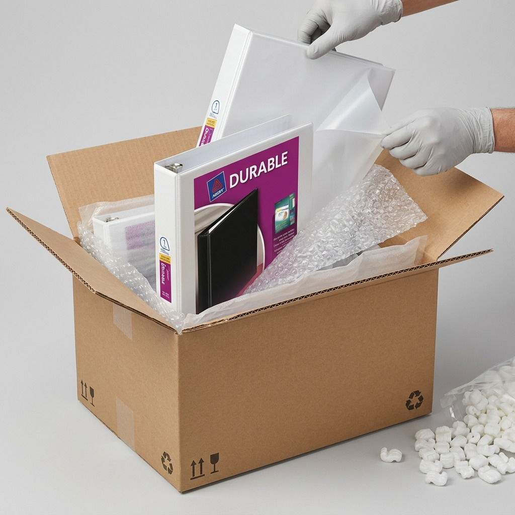 White Avery 34002 Durable View Binders being carefully unpacked from a box with bubble wrap.