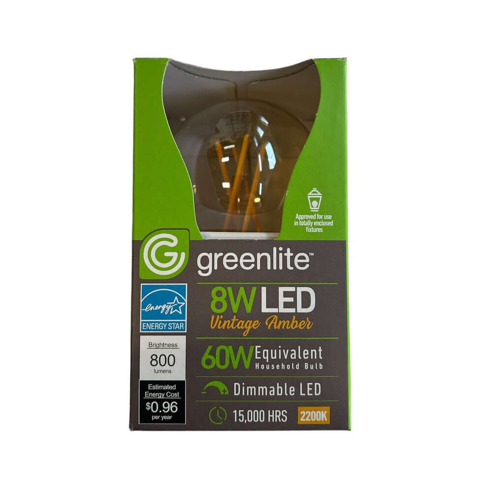 Greenlite 8W A19 Dimmable Vintage Amber Filament LED Bulb 2200K